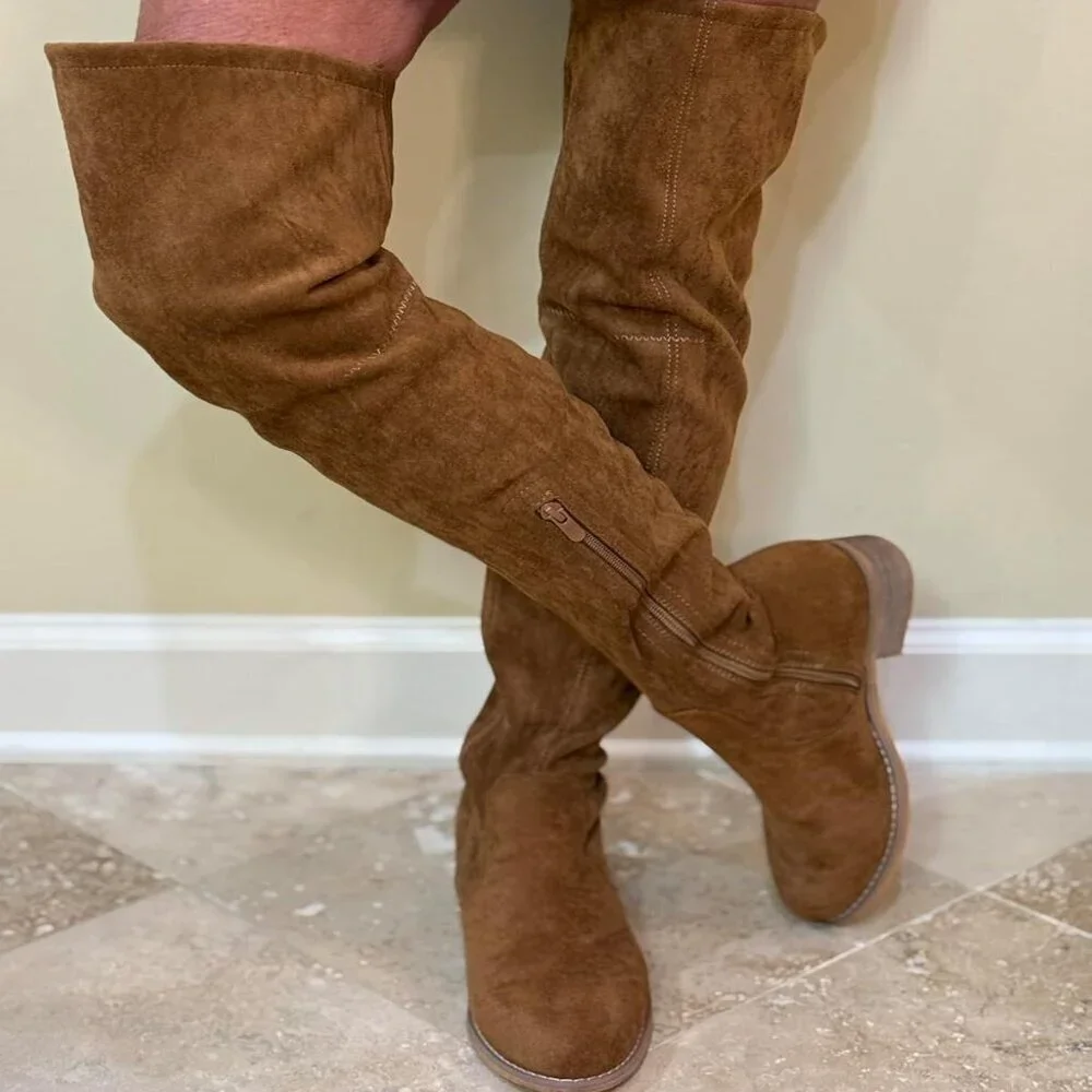 🆕Women's Brown Over The Knee Boots Thigh High Low Block Heel Pointed Toe Boots